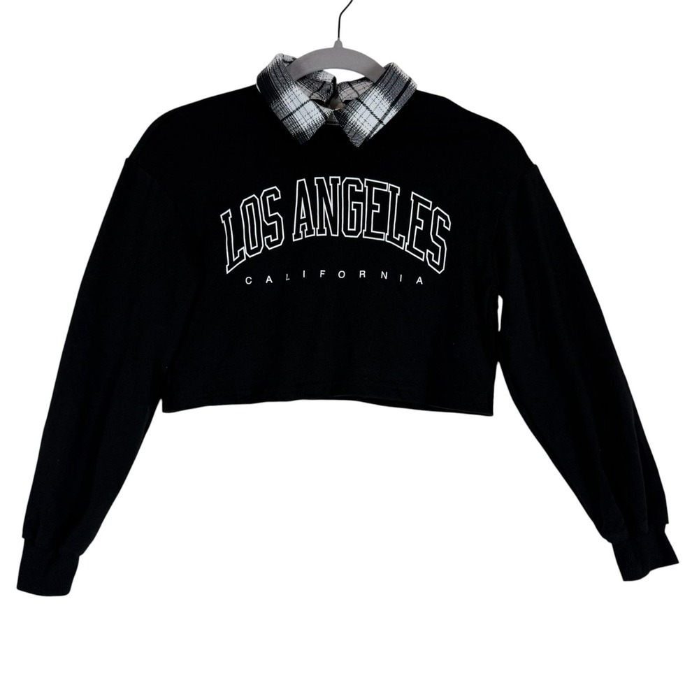 Los Angeles California Sweatshirt Kids 10Y Black Crop Pullover Plaid Collar